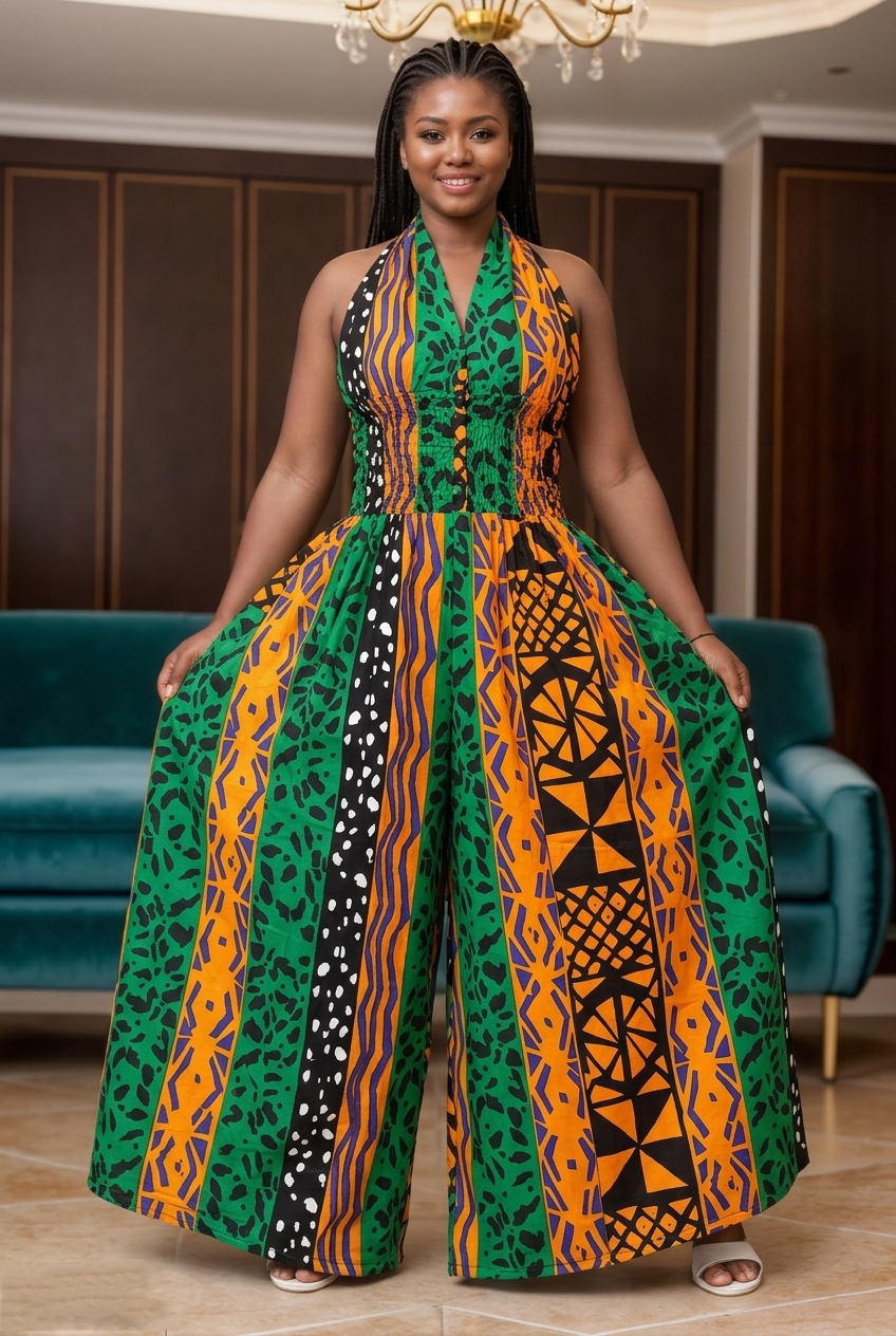 5011 - Three Button Authentic African Long Jumpsuit  (3 PCS PRE-PACK) - $20.00 EACH