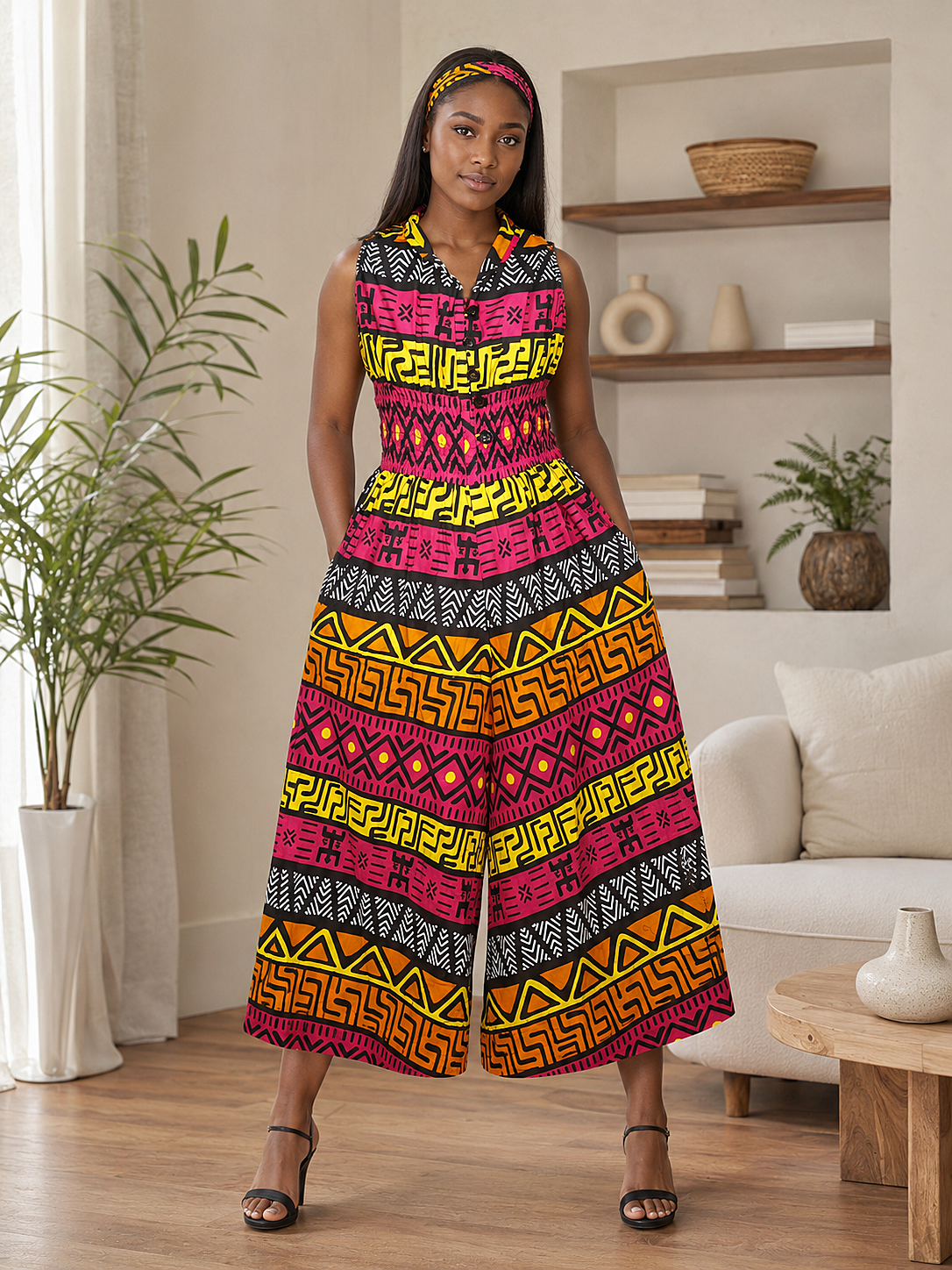 5011 - Three Button Authentic African Long Jumpsuit  (3 PCS PRE-PACK) - $20.00 EACH