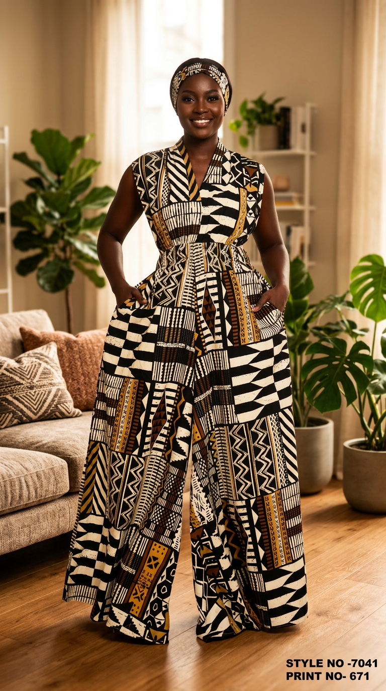 7041 - African Wax Wide Leg Jumpsuit/Dress (3 PCS PRE-PACK) - $30 Each