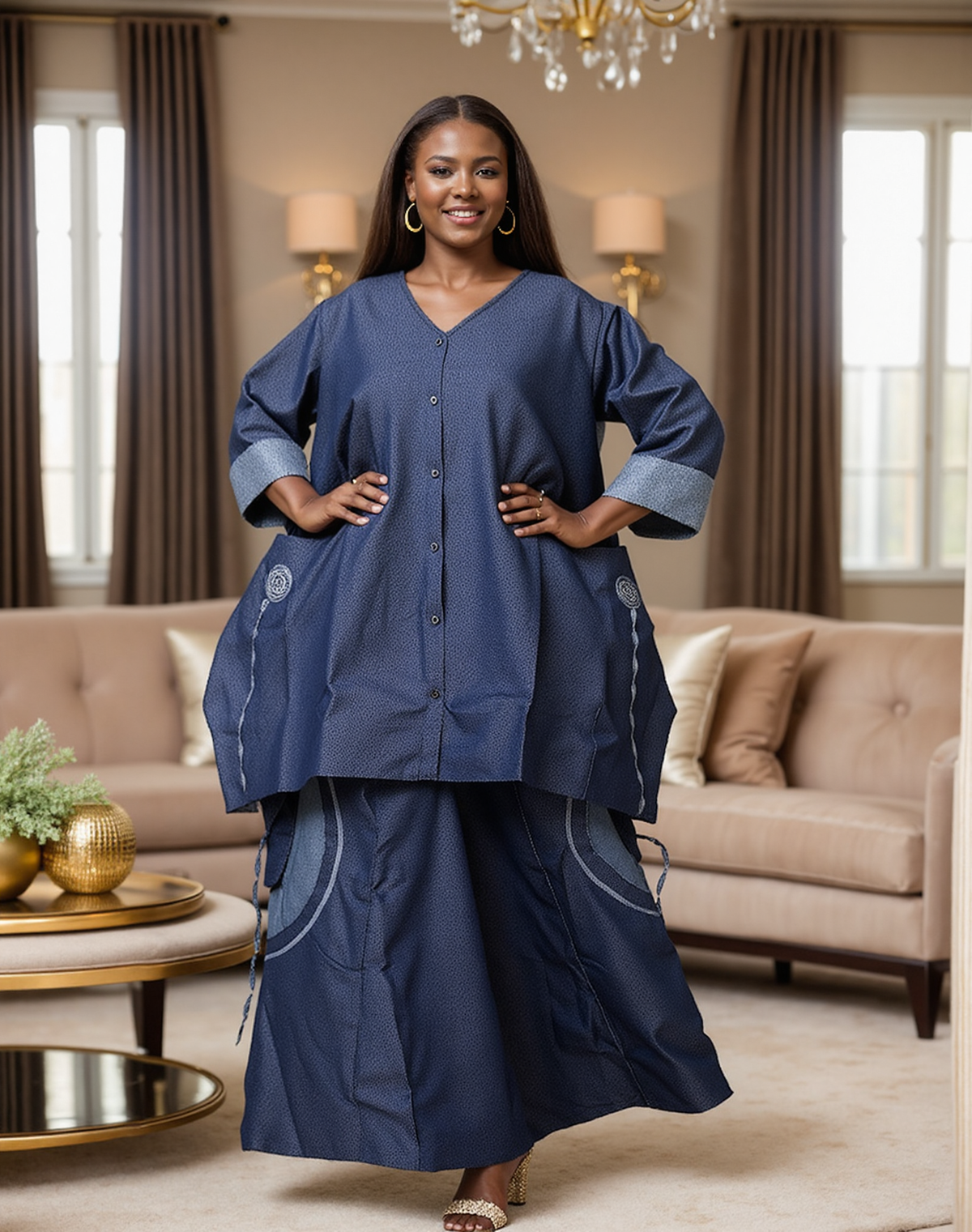 7918 D - Elegant 2-Pcs Denim Top & Pant Set - $30.00 Each (3 pcs per pack)