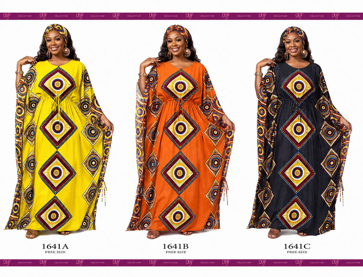 PNA-1641 Women's Colorful Print Long Kaftan with Headwrap- One Size (6-PCS PRE-PACK) - $7 Each
