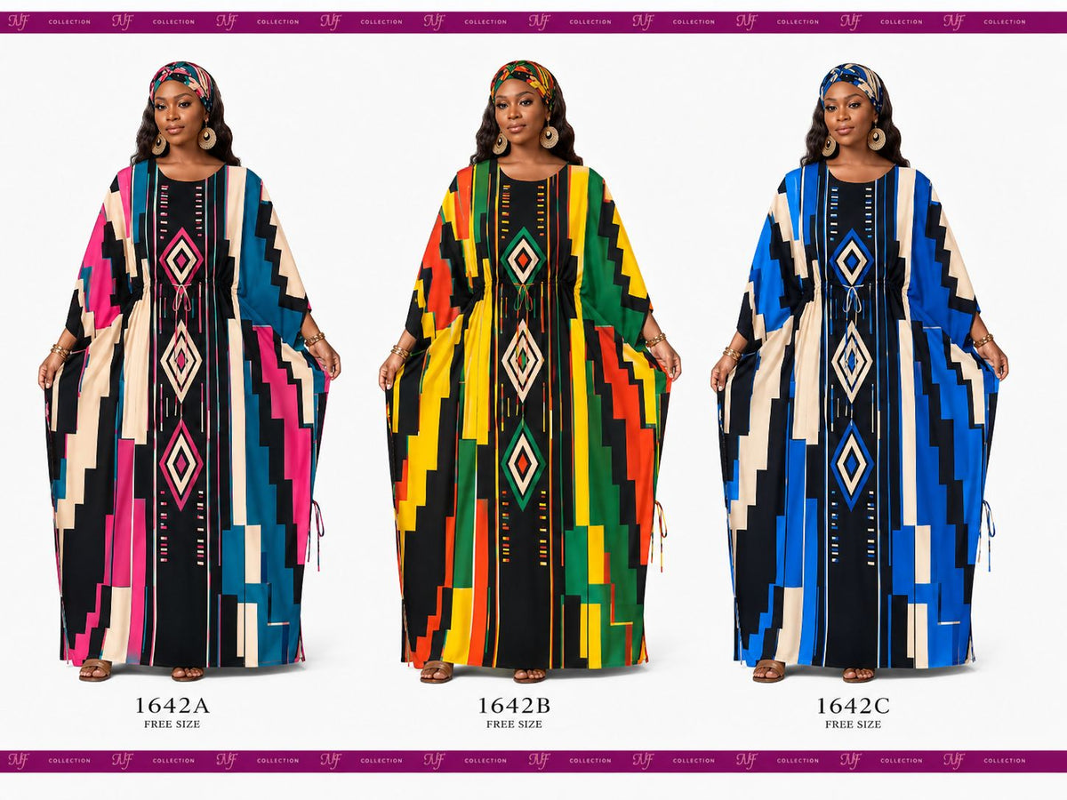 PNA-1642 Women's Colorful Print Long Kaftan with Headwrap- One Size (6-PCS PRE-PACK) - $7 Each