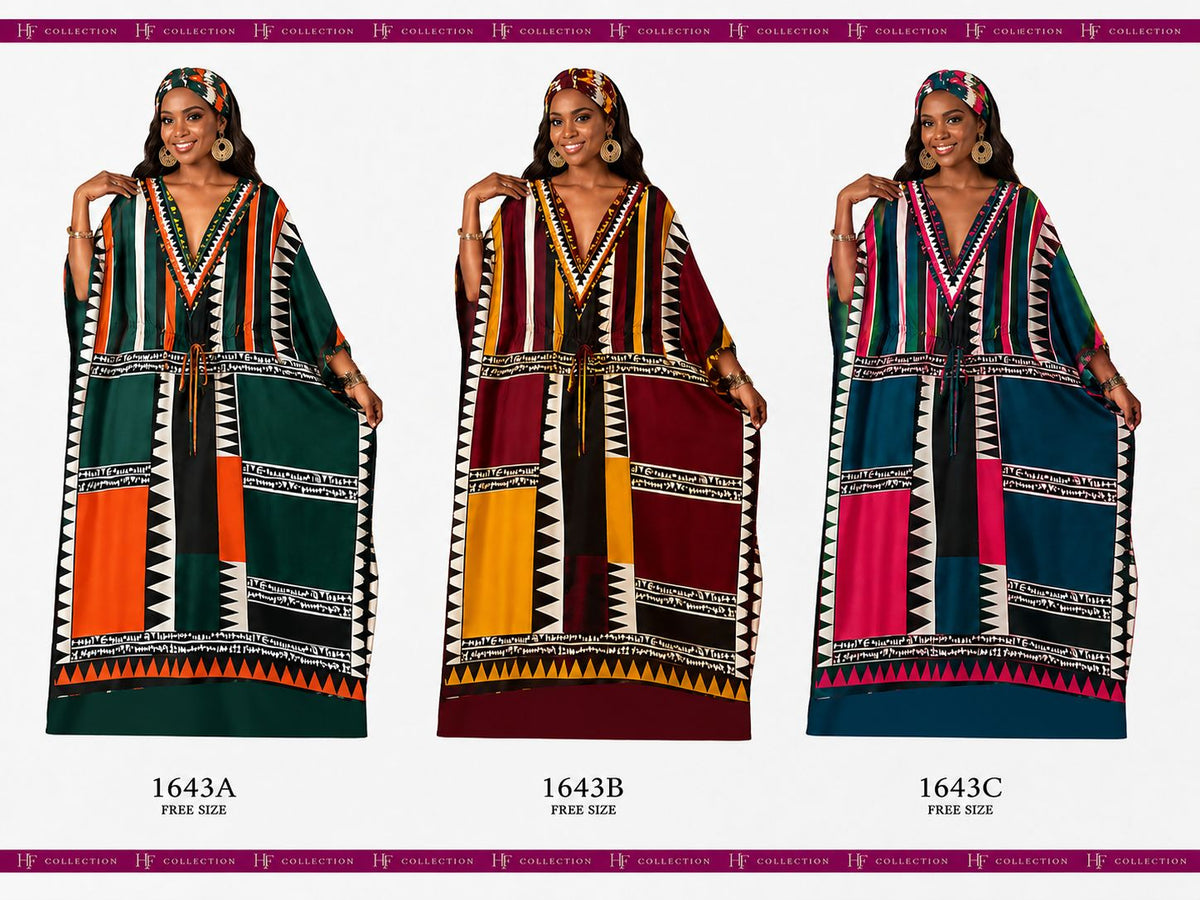 PNA-1643 Women's Colorful Print Long Kaftan with Headwrap- One Size (6-PCS PRE-PACK) - $7 Each