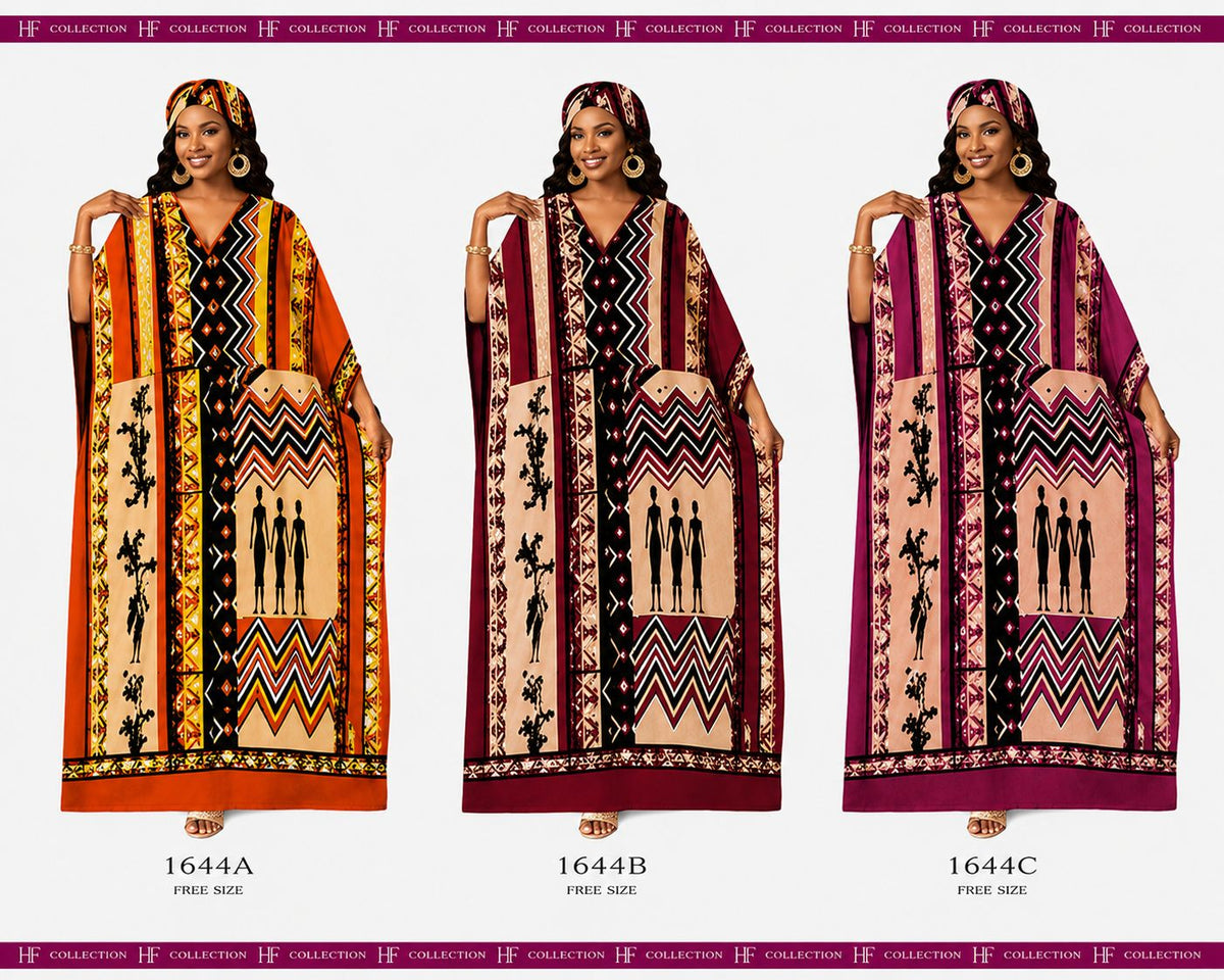 PNA-1644 Women's Colorful Print Long Kaftan with Headwrap- One Size (6-PCS PRE-PACK) - $7 Each