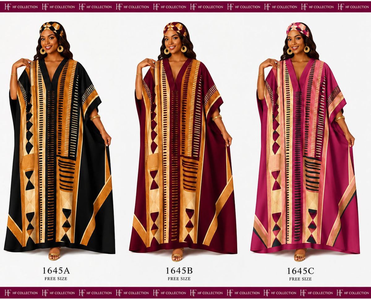 PNA-1645 Women's Colorful Print Long Kaftan with Headwrap- One Size (6-PCS PRE-PACK) - $7 Each