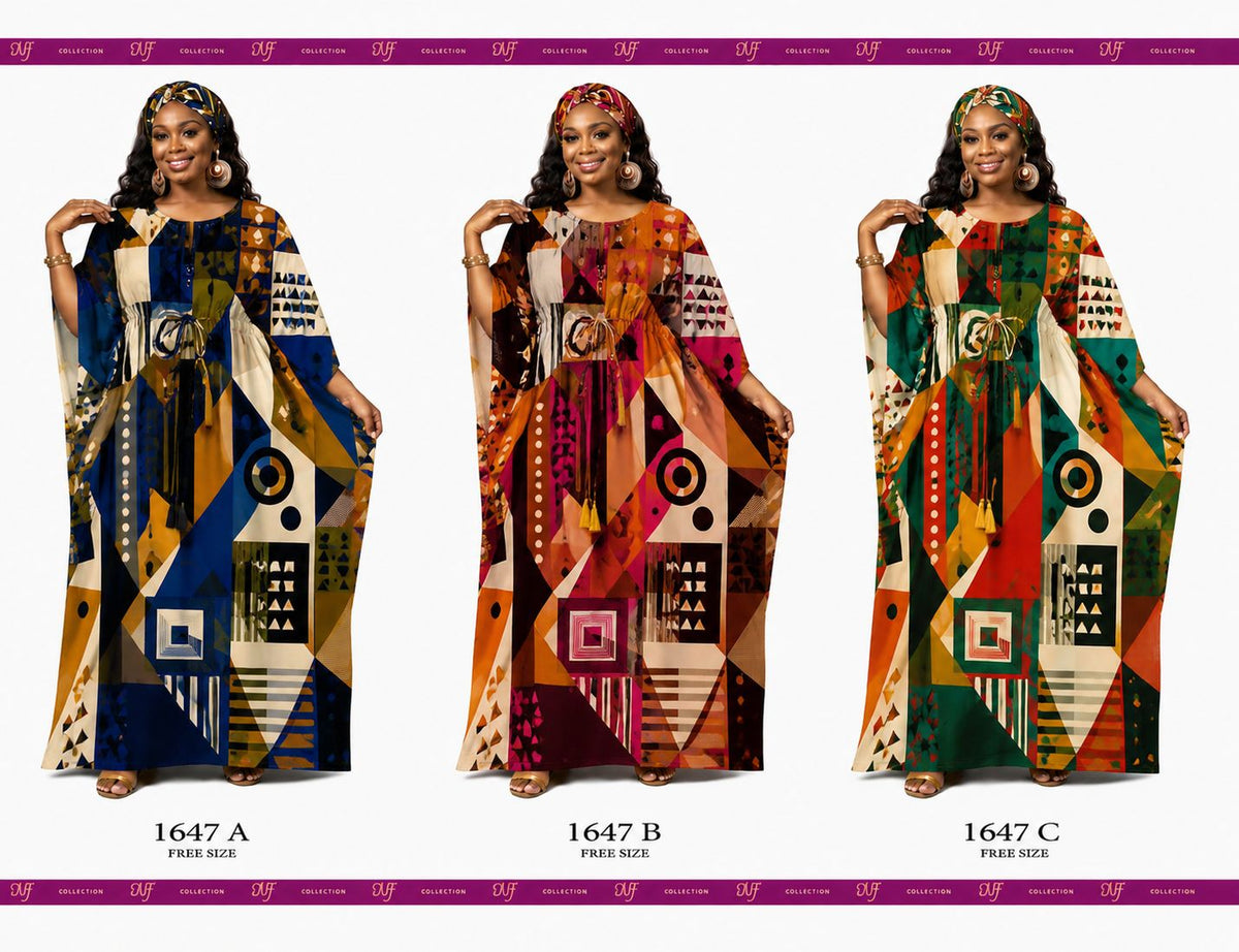 PNA-1647 Women's Colorful Print Long Kaftan with Headwrap- One Size (6-PCS PRE-PACK) - $7 Each