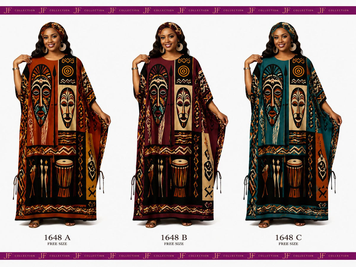 PNA-1648 Women's Colorful Print Long Kaftan with Headwrap- One Size (6-PCS PRE-PACK) - $7 Each