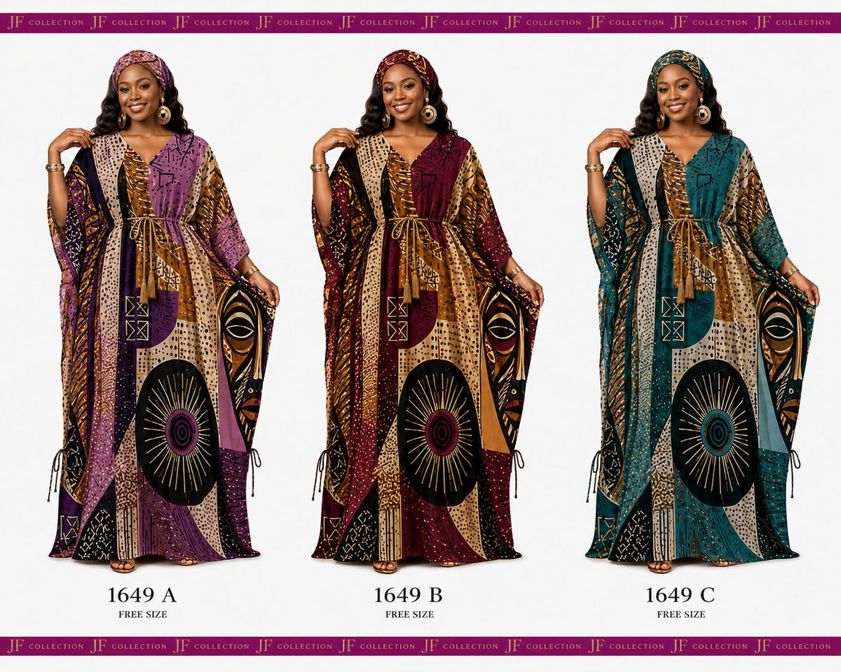 PNA-1649 Women's Colorful Print Long Kaftan with Headwrap- One Size (6-PCS PRE-PACK) - $7 Each